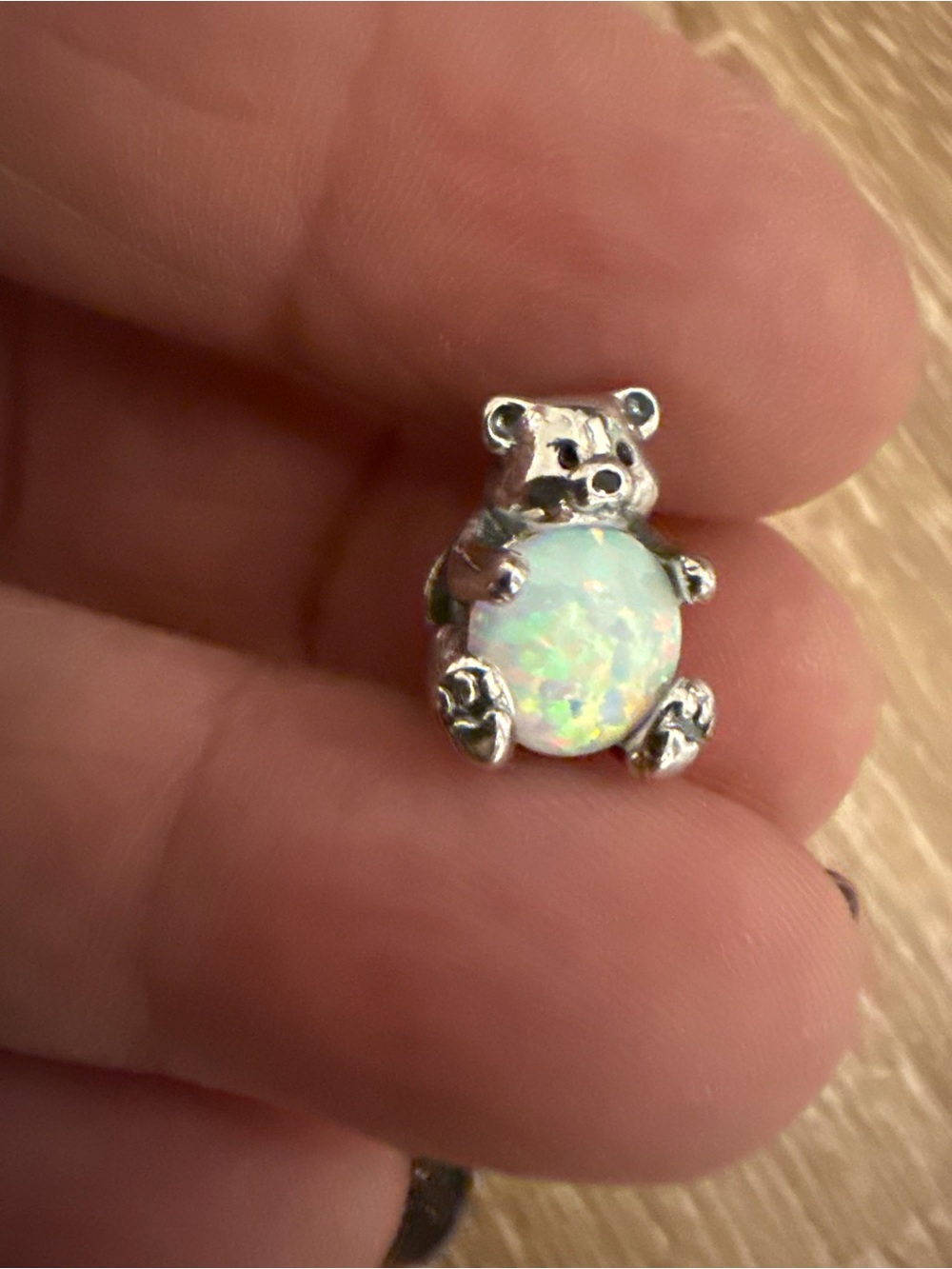 Sterling Silver Teddy Charm with Opal Accent - White Opalescent